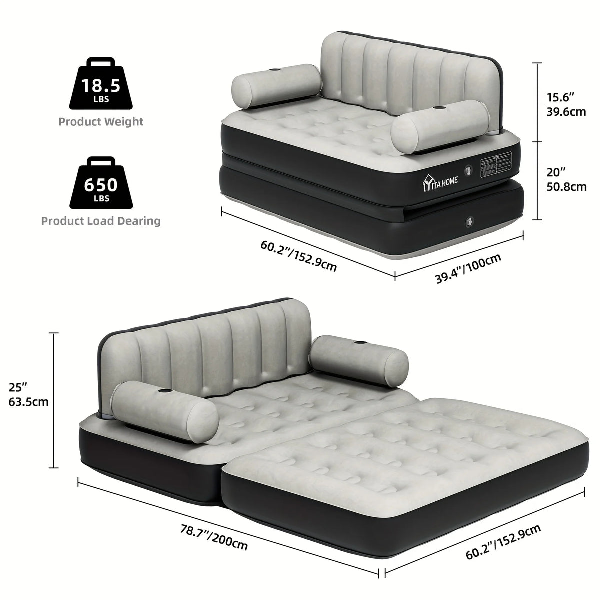 Inflatable Air Sofa Bed 2 - in - 1 Backrest Couch Airbed with Headboard and Pump Convertible Blow up Bed Mattress for Home, Camping, and Guests